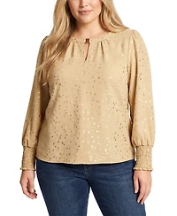 Ny Collection Plus Metallic-Dot Long-Sleeve Smocked-Cuff Blouse