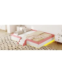 Streamdale Furniture Full Size Upholstered Floor Bed with Fence, Steps and Led Lights