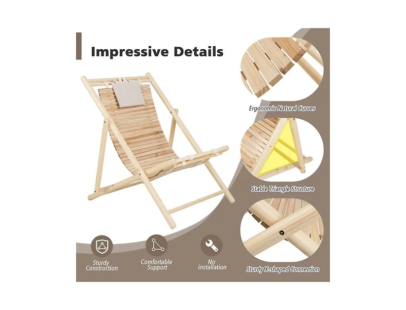 Boyel Living 1 Piece Solid Fir Wood Lounge Chair with 3-Level Adjustable Backrest and Soft Padded Headrest