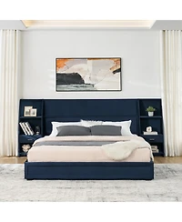 Streamdale Furniture King Size Velvet Storage Platform Bed with Bookcases and Drawer