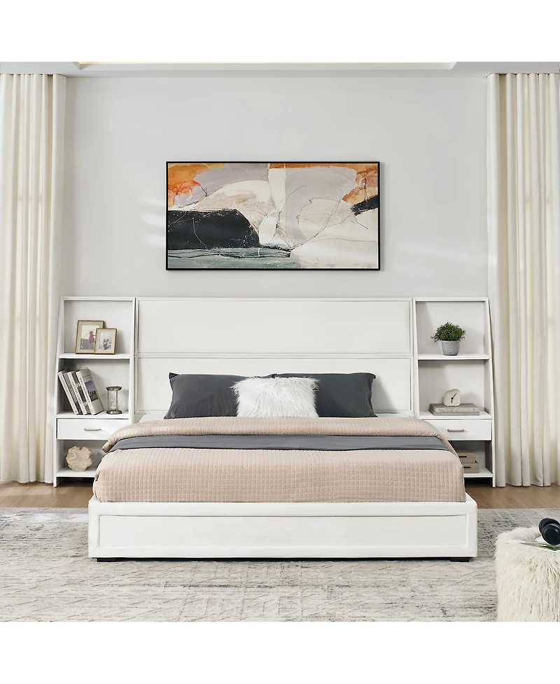 Streamdale Furniture Queen Velvet Storage Platform Bed with Bookcases and Drawer