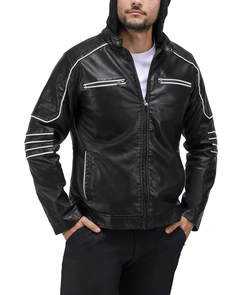 X-Ray Men's Grainy Polyurethane Moto Jacket with Hood and Faux Shearling Lining