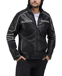 X-Ray Men's Grainy Polyurethane Moto Jacket with Hood and Faux Shearling Lining