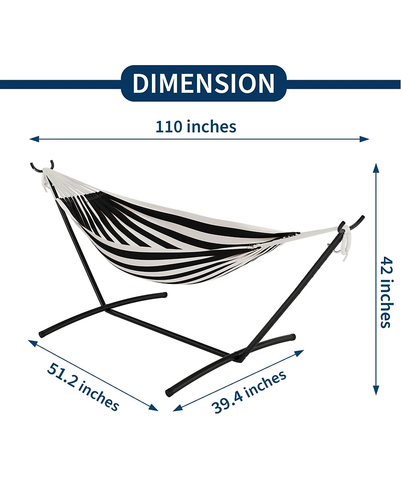 Double Hammock with Heavy-Duty Steel Stand, Indoor Outdoor Portable 2-Person Striped Cotton Freestanding Hammock with Carry Bag for Garden Camping