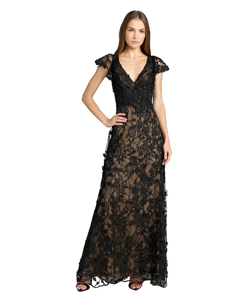 Mac Duggal Women's Embroidered Applique Wrap Over Flutter Sleeve Gown