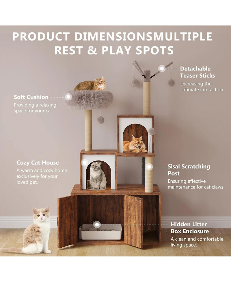 Cat Tree with Litter Box Enclosure Cat Tower Cabinet Furniture, Modern Indoor Wooden Cabinet with Sisal Scratching Post Plush Perch Elevated Platform