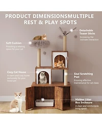 Cat Tree with Litter Box Enclosure Cat Tower Cabinet Furniture, Modern Indoor Wooden Cabinet with Sisal Scratching Post Plush Perch Elevated Platform