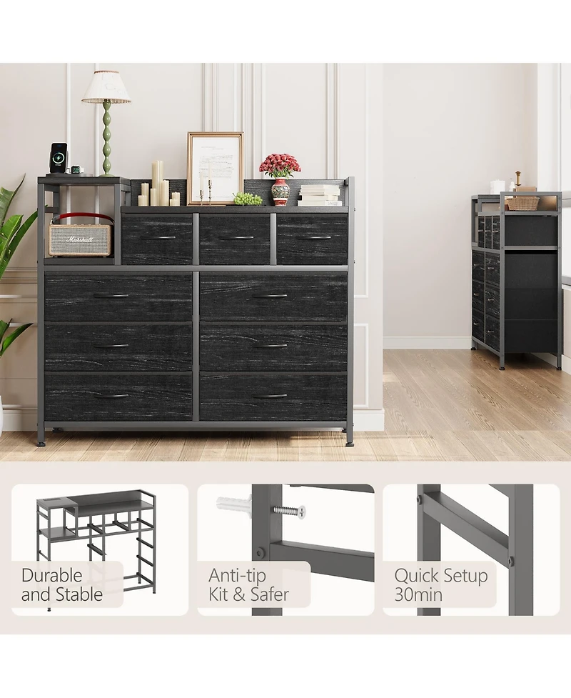 9 Drawer Dresser, Modern 39 Inch Chest of Drawers with Charging Station, Outlets, Multi Purpose Tv Stand for Bedroom, Living Room, Hallway, Black