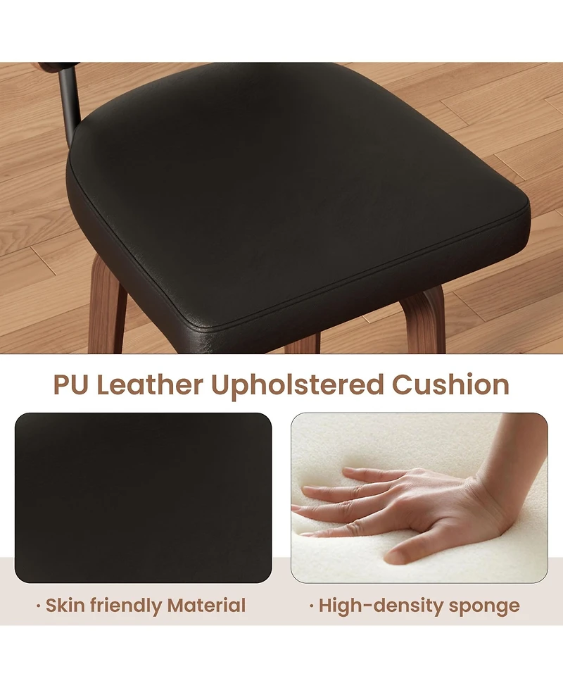 Set of 4 Bar Stools 26" Counter Height Swivel Faux Leather Upholstered with Backrest and Walnut Wood Legs Mid Century for Kitchen Island Home Bar