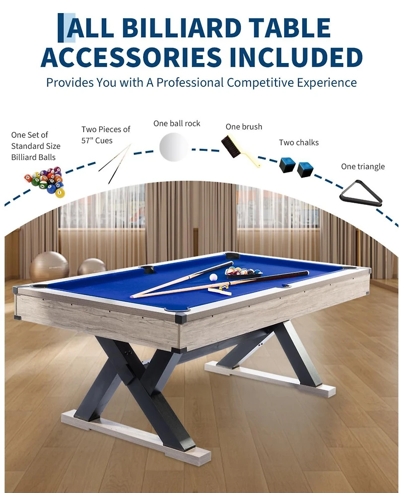 7 Ft Pool Table, Metal K-Leg Billiard Table, with 2 Cues, 16 Balls, Chalk, Triangle and Brush, Modern Finish, for Home Game Room, Family Entertainment