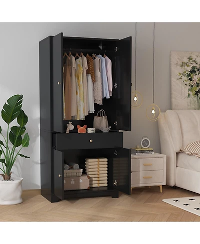 71" Modern Wooden Armoire Wardrobe with Drawer, 4 Doors and Adjustable Shelves,BlackandWhite