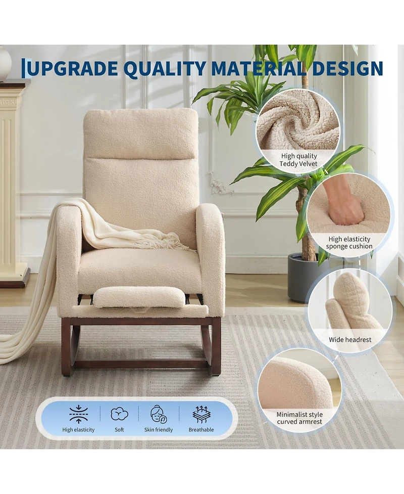 Nursery Glider Rocking Chair with Adjustable High Back, Side Pocket, Footrest, Stuffed Animal Upholstered Nursing Rocker with Wood Base for Nursery
