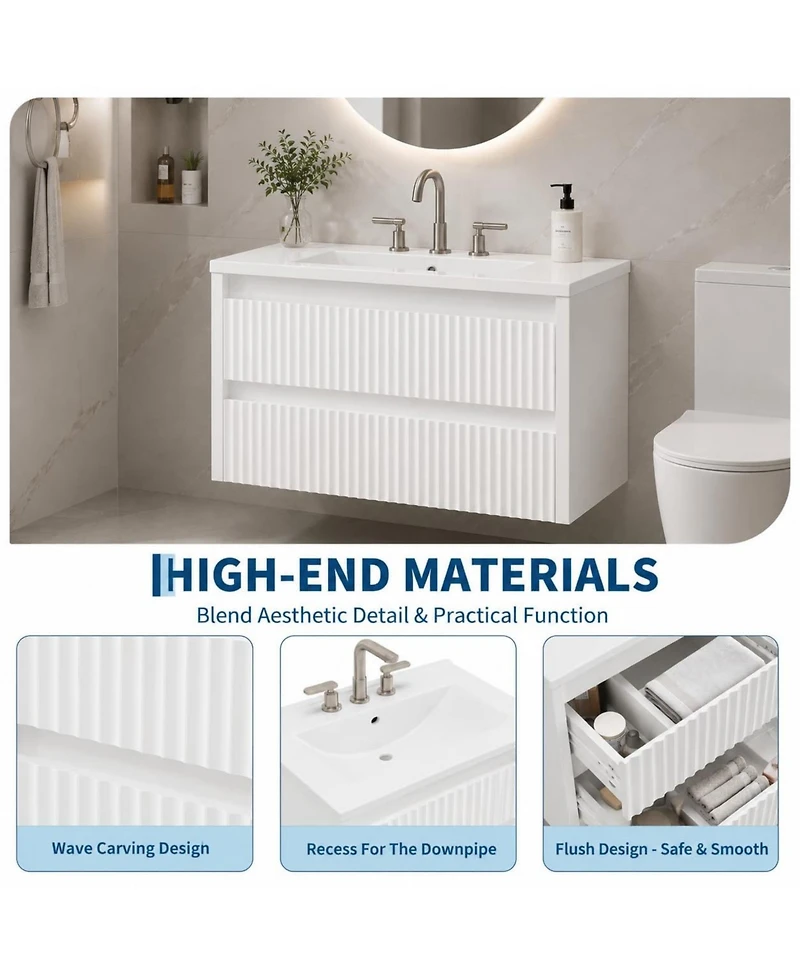 Wall Vanity 24 Inch Fluted 2 Drawer Bathroom Cabinet with Ceramic Sink 4" 3 Hole Floating Mount for Modern Bathroom