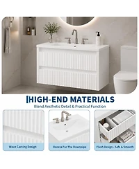 Wall Vanity 24 Inch Fluted 2 Drawer Bathroom Cabinet with Ceramic Sink 8" 3 Hole Floating Mount for Modern Bathroom