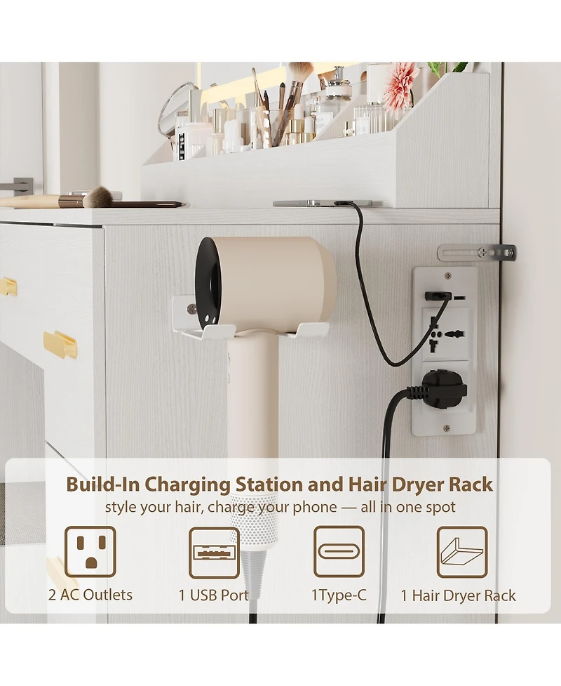 Makeup Vanity Desk with Led Lighted Mirror, Drawers, Cushioned Storage Stool, Built-in Charging Station, Dressing Table for Bedroom