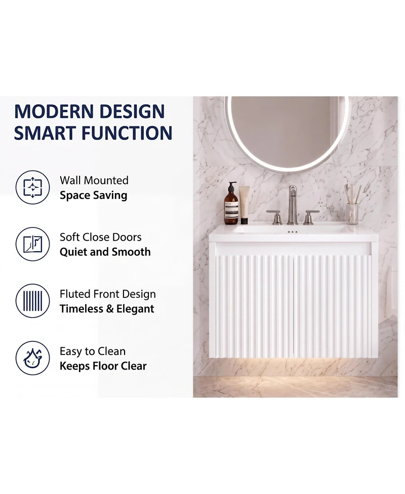 Wall Mounted Vanity with Sink 24 Inch Wood Fluted 2 Door Bathroom Cabinet 4" 3 Hole Ceramic Sink for Small Modern Bathroom