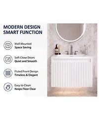Wall Mounted Vanity with Sink 24 Inch Wood Fluted 2 Door Bathroom Cabinet 4" 3 Hole Ceramic Sink for Small Modern Bathroom