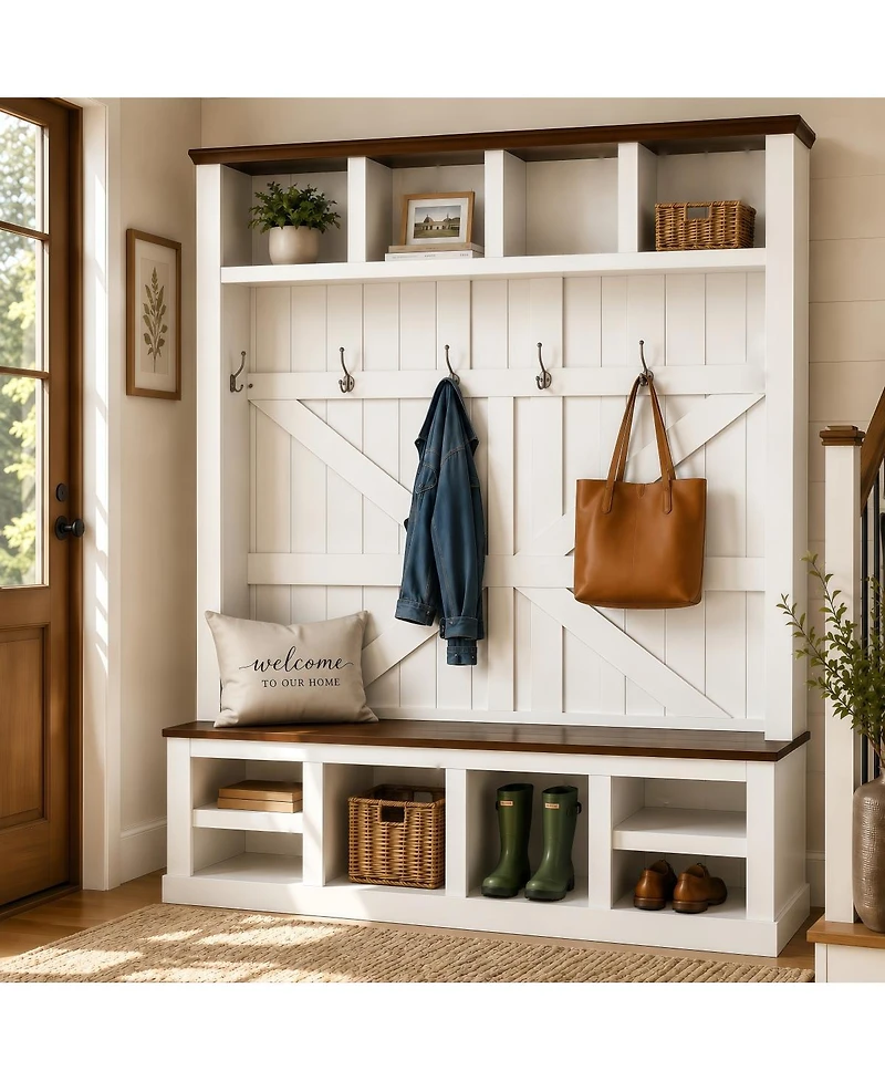 Streamdale Furniture Farmhouse Hall Tree with Bench and Shoe Storage