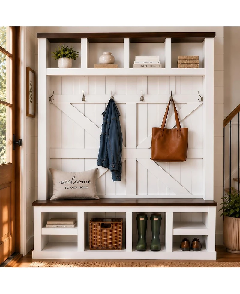 Streamdale Furniture Farmhouse Hall Tree with Bench and Shoe Storage