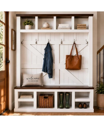 Streamdale Furniture Farmhouse Hall Tree with Bench and Shoe Storage