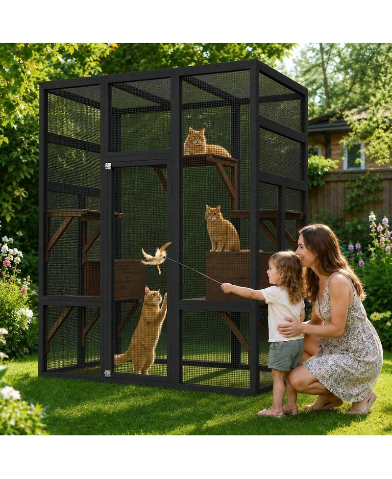 47.6 x 31.5 in Wooden Cat House, Large Outdoor Catio with Carbon Steel Frame, Multi-Level Cat Cage for Indoor Outdoor Cats