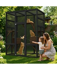 47.6 x 31.5 in Wooden Cat House, Large Outdoor Catio with Carbon Steel Frame, Multi-Level Cat Cage for Indoor Outdoor Cats