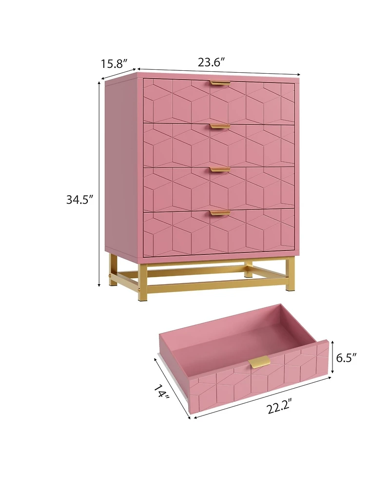 4 Drawer Dresser, Modern Chest of Drawers with Gold Metal Handles, Versatile Organizer Cabinet for Bedroom, Living Room, Hallway, Entryway