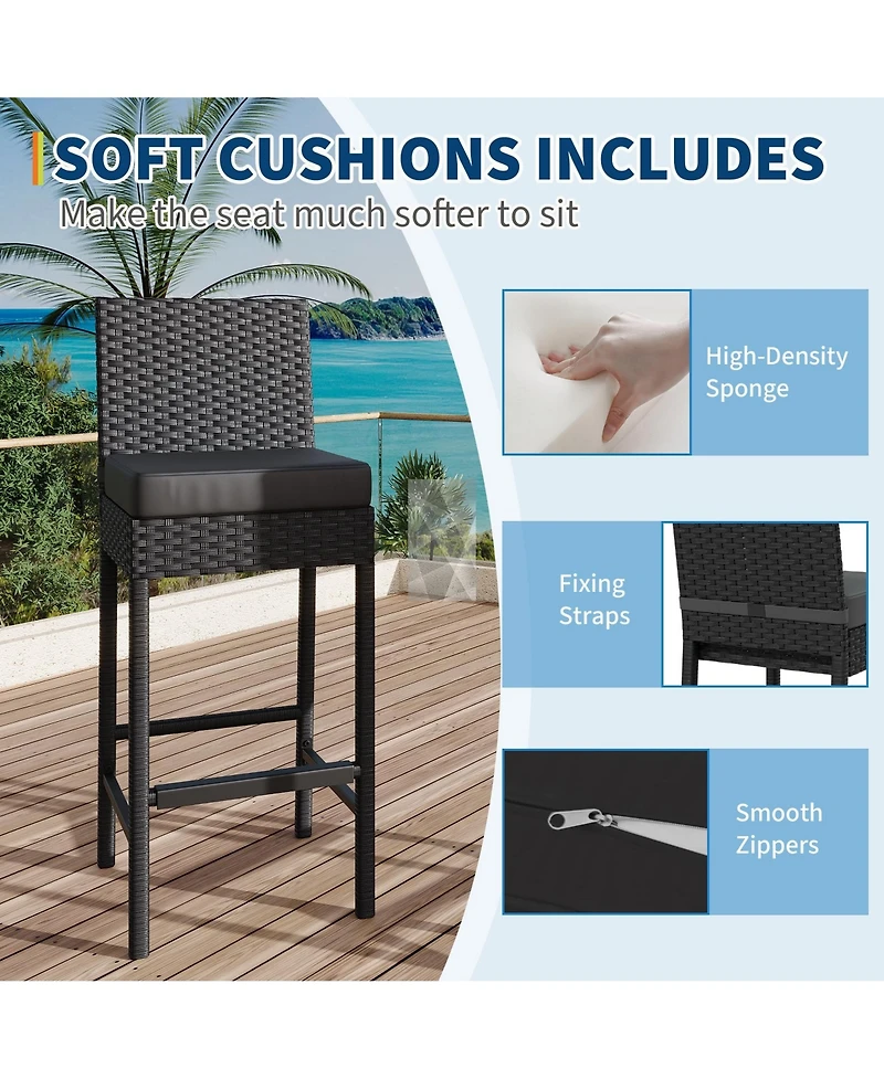 Set of 2 Wicker Outdoor Bar Stools, Counter Height Patio Bar Chairs with Soft Cushions, Backrest, Footrest, Weather Resistant Frame for Yard, Poolside