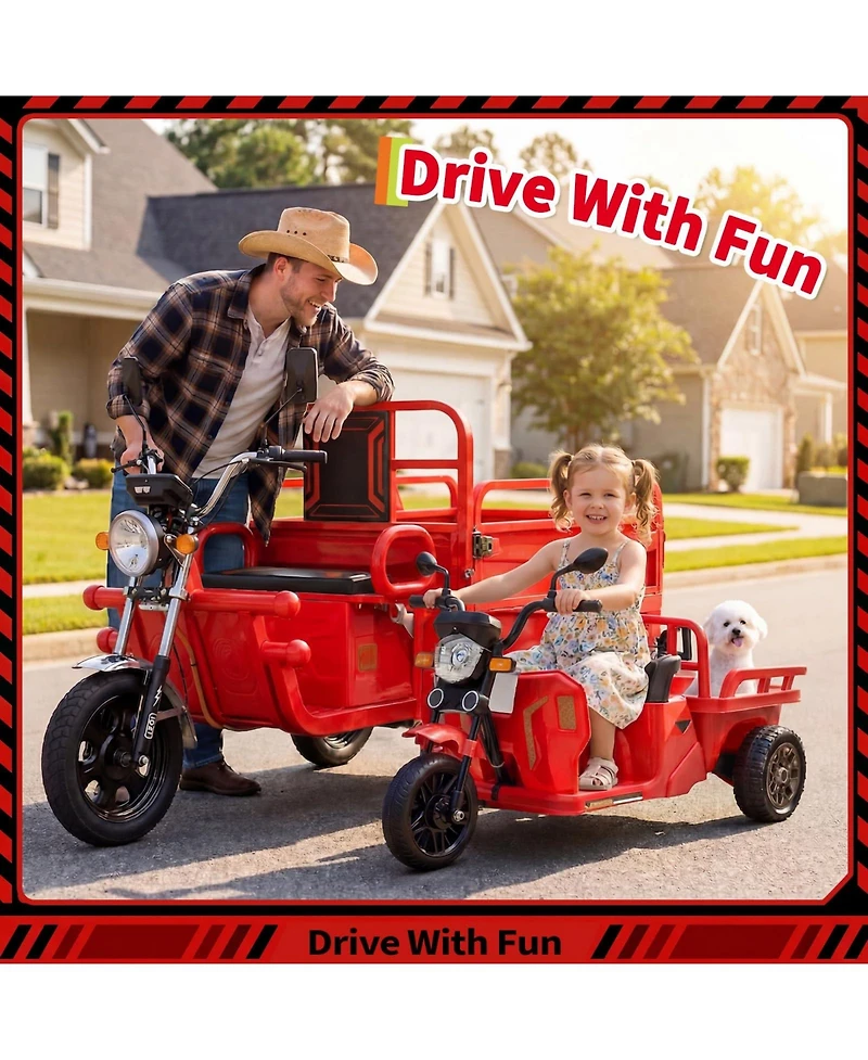 12V Kids Electric Motorcycle 3-Wheel Ride on Tractor with Trailer 2x55W Motor Bluetooth Music for Toddler Ages 3-8