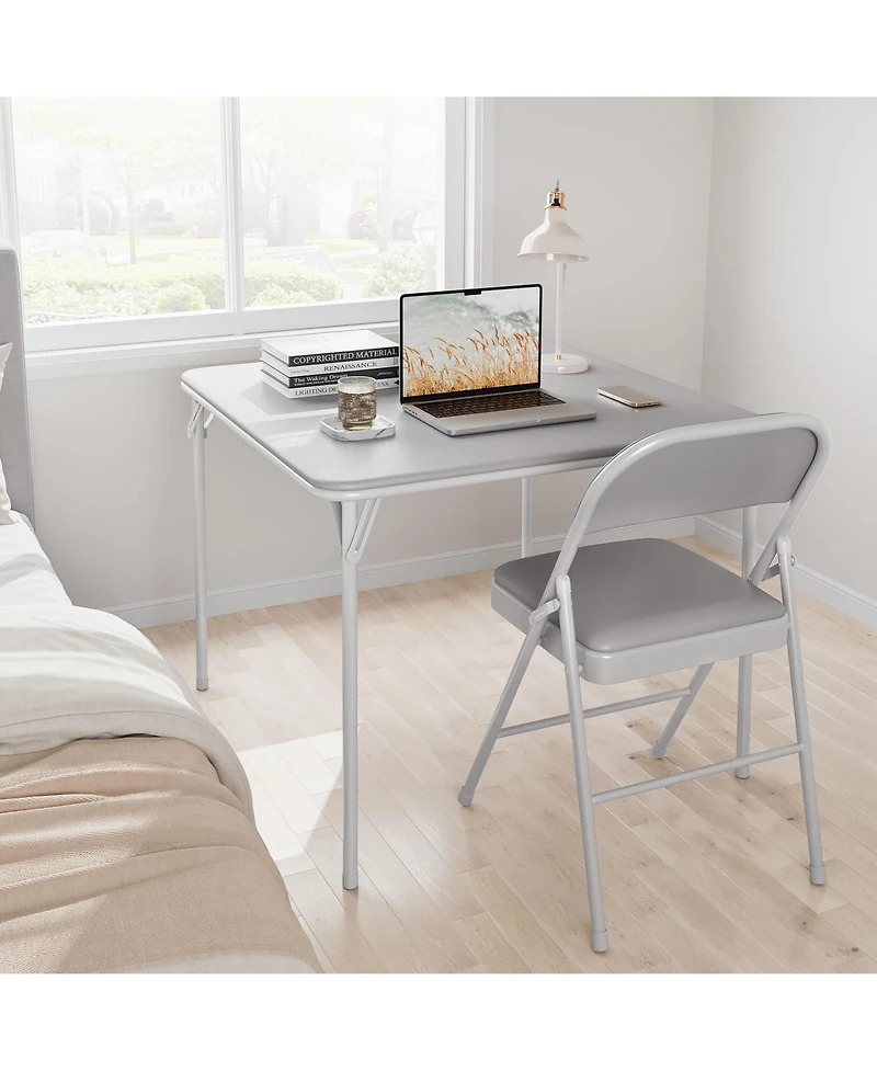 Folding Table Set 5 Piece Space Saving with Pu Collapsible Chairs Multi Functional Portable No Assembly for Dining Card Games Board Games Grey