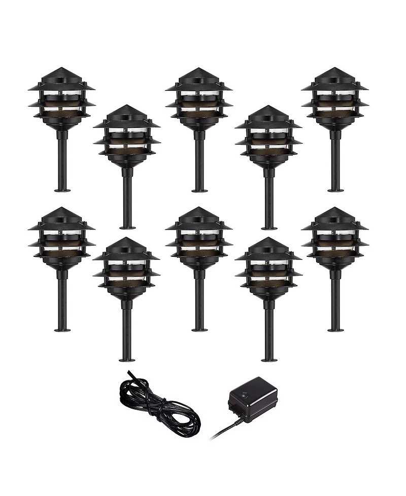 John Timberland Pagoda 12" High Modern 12-Piece Outdoor Landscape Lighting Set Porch House Led Bulb Dusk To Dawn Black Aluminum