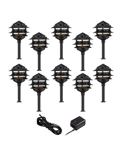 John Timberland Pagoda 12" High Modern 12-Piece Outdoor Landscape Lighting Set Porch House Led Bulb Dusk To Dawn Black Aluminum