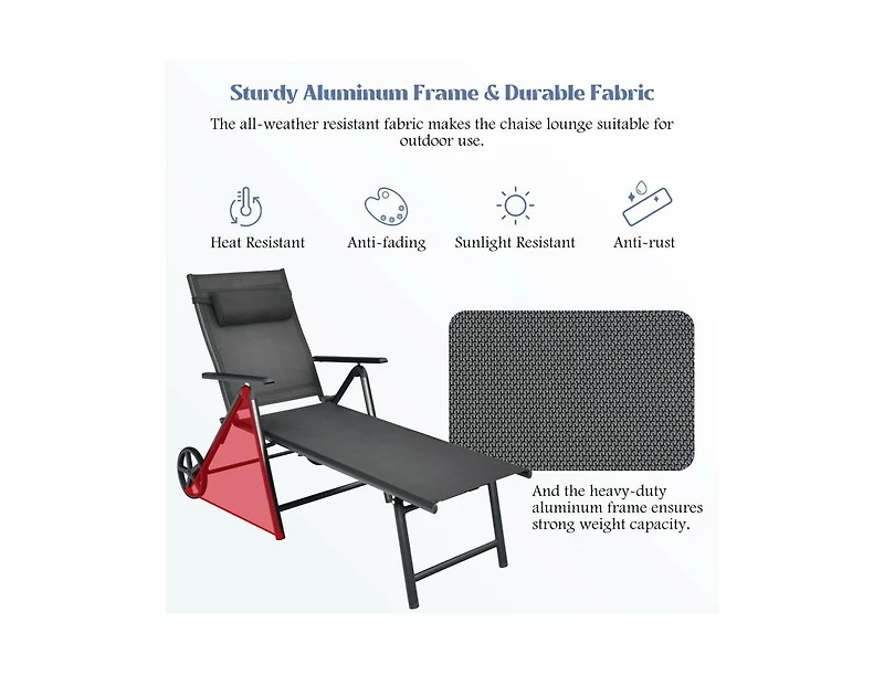 Boyel Living Patio Lounge Chair with Wheels Neck Pillow Aluminum Frame Adjustable