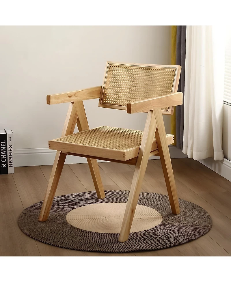 Flynama Modern Mid Century Rattan Accent Dining Chair with Armrests, Wood Finish for Living Room and Dining Room