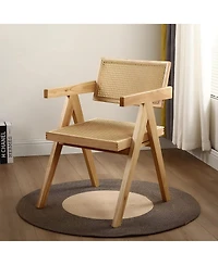 Flynama Modern Mid Century Rattan Accent Dining Chair with Armrests, Wood Finish for Living Room and Dining Room
