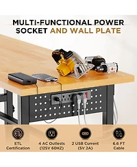 Streamdale Furniture 96" Adjustable Solid Wood Workbench with Power Outlet and Pegboard