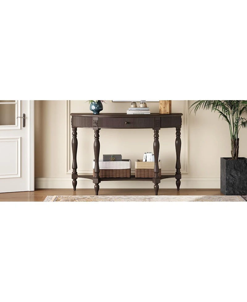 Streamdale Furniture Solid Wood Half Moon Console Table with Drawer and Shelf, Deep Rustic