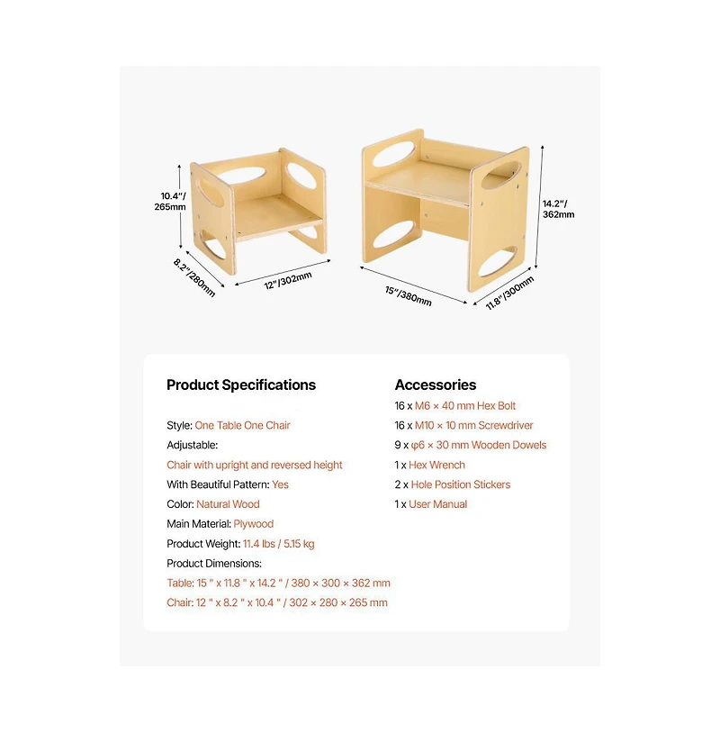 Slickblue Wooden Montessori Toddler Table and Chair Set with Adjustable Height for Eating and Learning