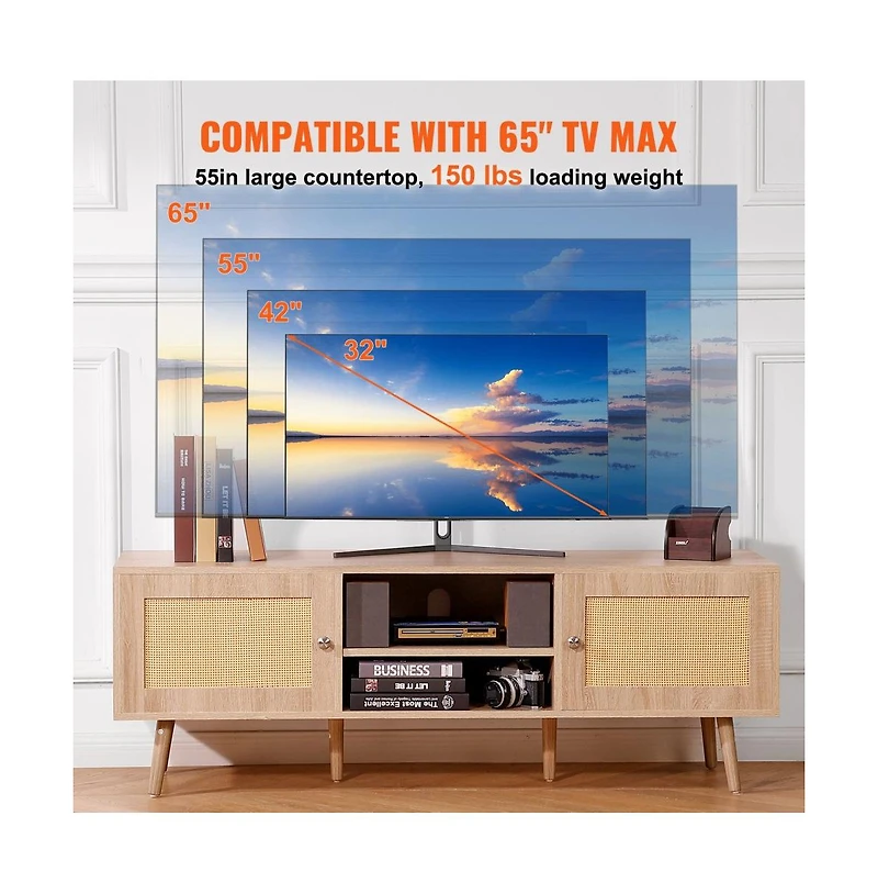 Slickblue Mid Century Modern Rattan Tv Stand with Built-In Socket, Storage Shelves for Living Room