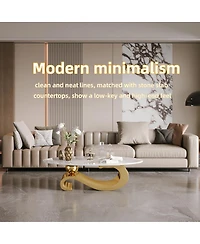 Streamdale Furniture Gold Metal Coffee Table with Stainless Steel Pedestal and Faux Marble Top