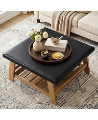 Tribesigns Square Ottoman Coffee Table, 31.5-Inch Faux Leather Ottoman with Solid Wood Storage Shelf