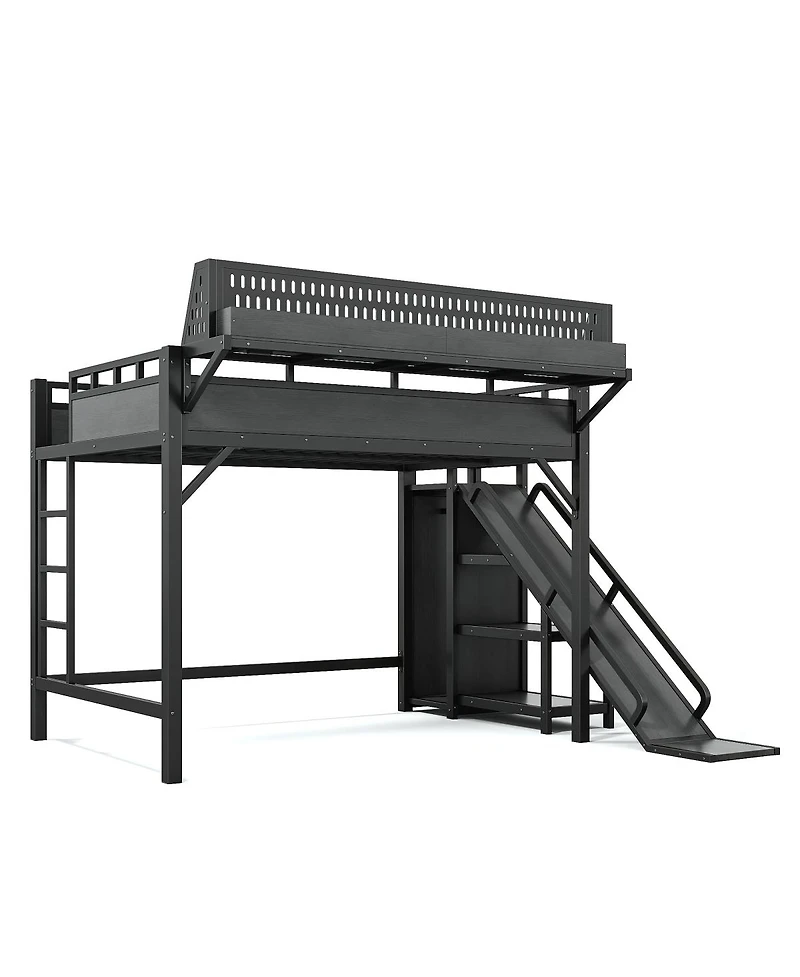 Streamdale Furniture Full Size Metal Loft Bed with Slide, Wardrobe and Led Lights
