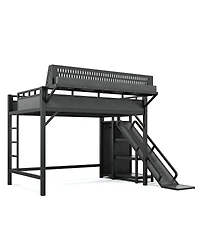 Streamdale Furniture Full Size Metal Loft Bed with Slide, Wardrobe and Led Lights