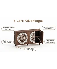 Streamdale Furniture 60" Boho Carved Walnut Sideboard Buffet Cabinet