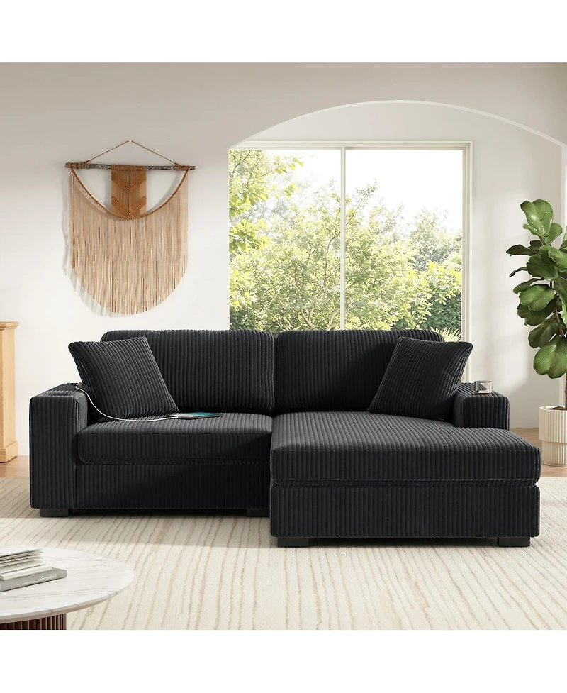 Streamdale Furniture 86.5" L-Shaped Corduroy Sectional Sofa with Cup Holders and Charging Ports