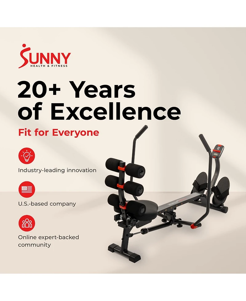Sunny Health and Fitness 2-in-1 Smart Full Motion Rowing Machine with Core Trainer, 12 Resistance Levels and Trainer-Led Workouts via SunnyFit App
