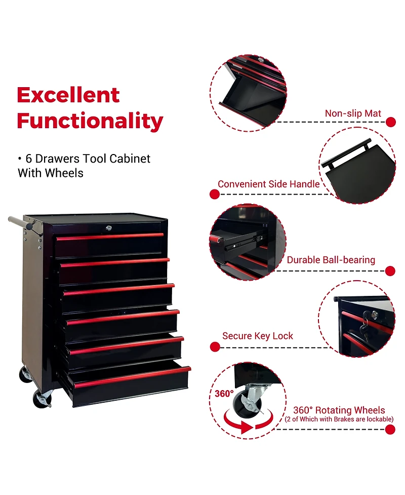 Streamdale Furniture 6-Drawer Rolling Metal Tool Chest and Cabinet