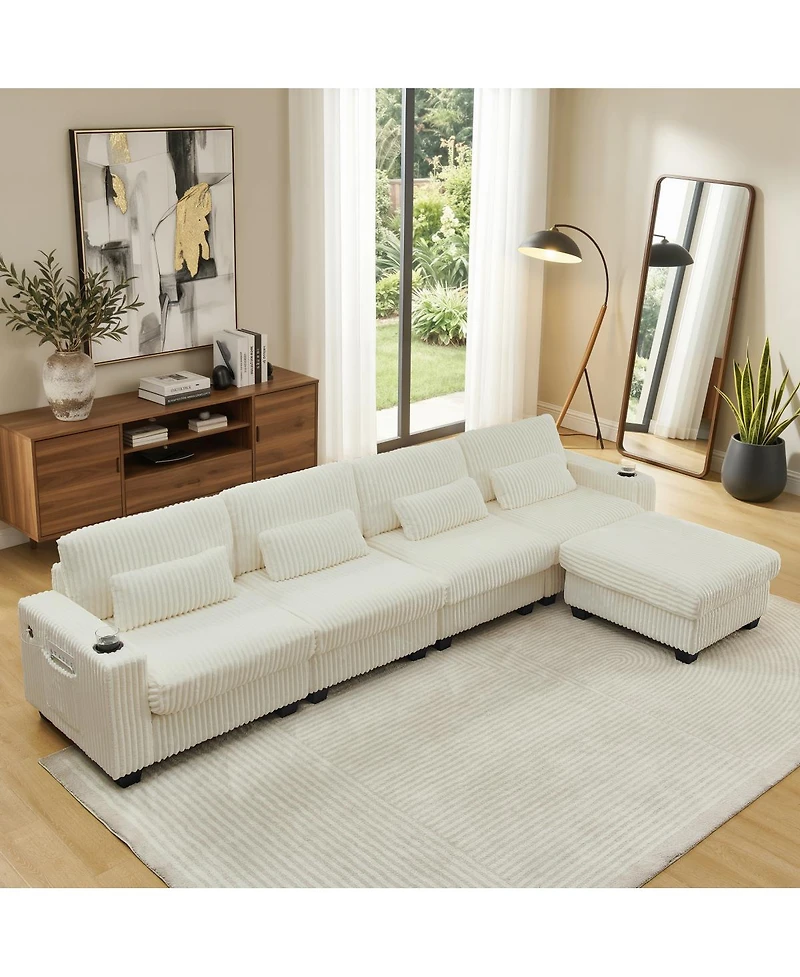 Streamdale Furniture L-Shaped Corduroy Modular Sectional Sofa with Storage and Cup Holders