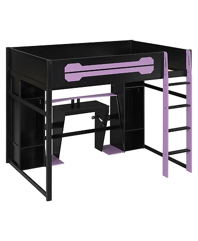 Streamdale Furniture Full-Size Wooden Gaming Loft Bed with Desk, Storage, Rgb Lights and Wardrobe