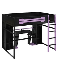 Streamdale Furniture Full-Size Wooden Gaming Loft Bed with Desk, Storage, Rgb Lights and Wardrobe